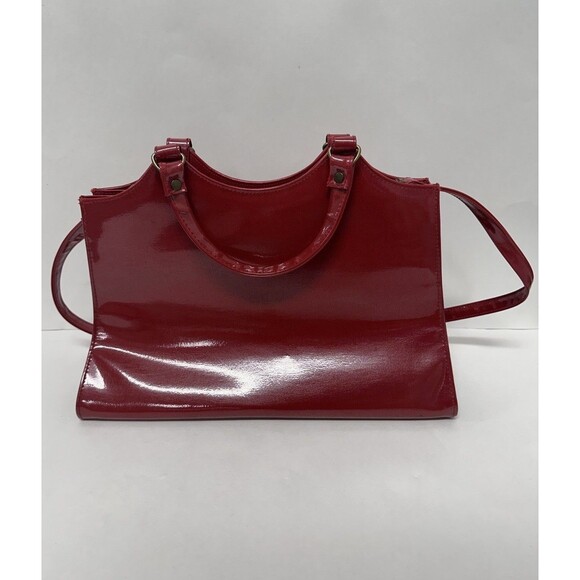 Vintage 80s Victory Red Patent Leather Hand Bag Satchel Floral Purse 14" x 8.5" - Picture 3 of 6